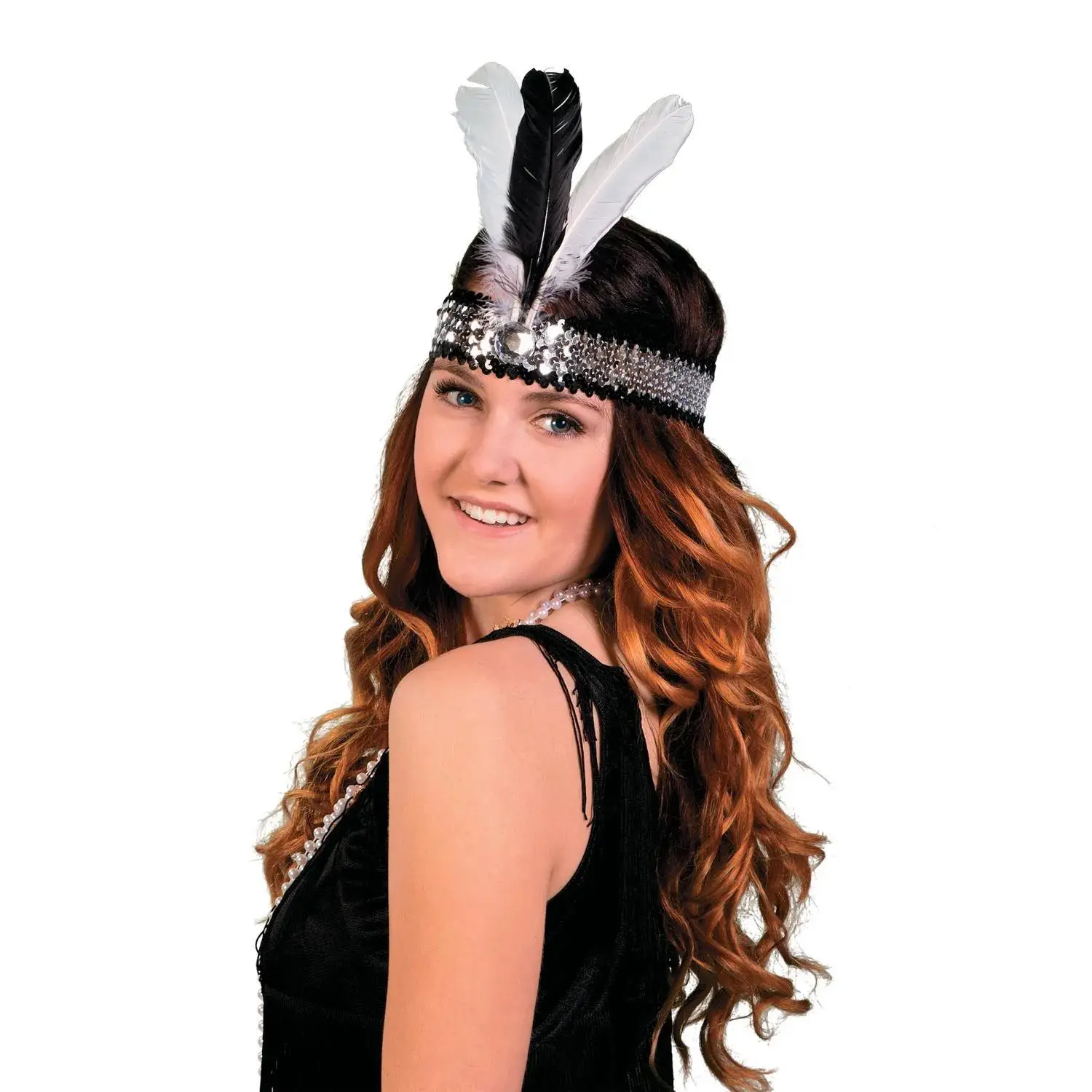 Women's 8 1/2 Inches Polyester Roaring 20s Feathered Sequined Elastic Headband - Flapper Costume Accessory, Halloween Use