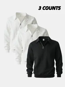 3-Pack Men's Half-Zip Pullover Sweaters, Cable Knit Collared Tops, Stylish Comfortable Casual Sweatshirts for Men's Spring/Fall Daily Wear & Fashion Styles