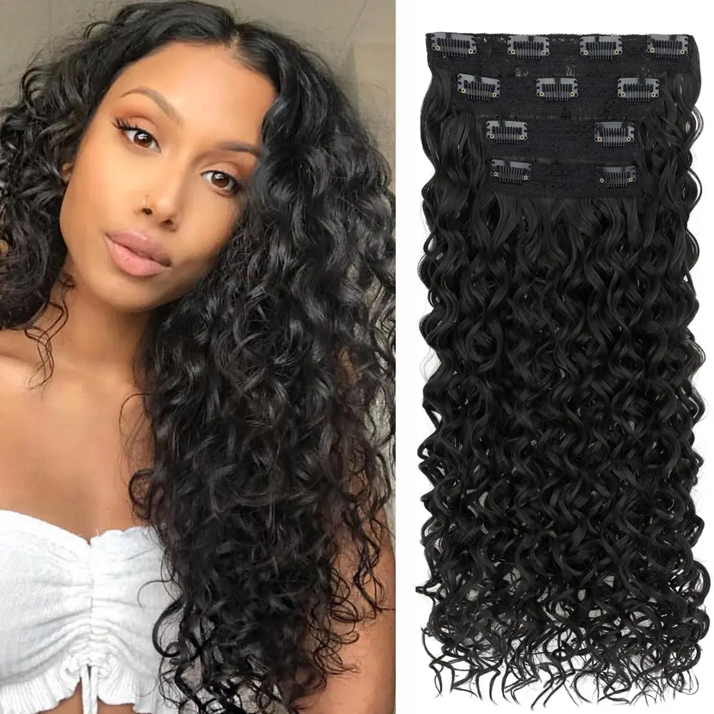 Curly Clip In Hair Extensions 4 Pcs Real Hair Feeling Synthetic Hairpiece 20 Inch 11 Clips, Water Wave Clip Ins, Full Head, Lightweight, Double Lace Weft, Soft, Natural, Hair Extensions for Women