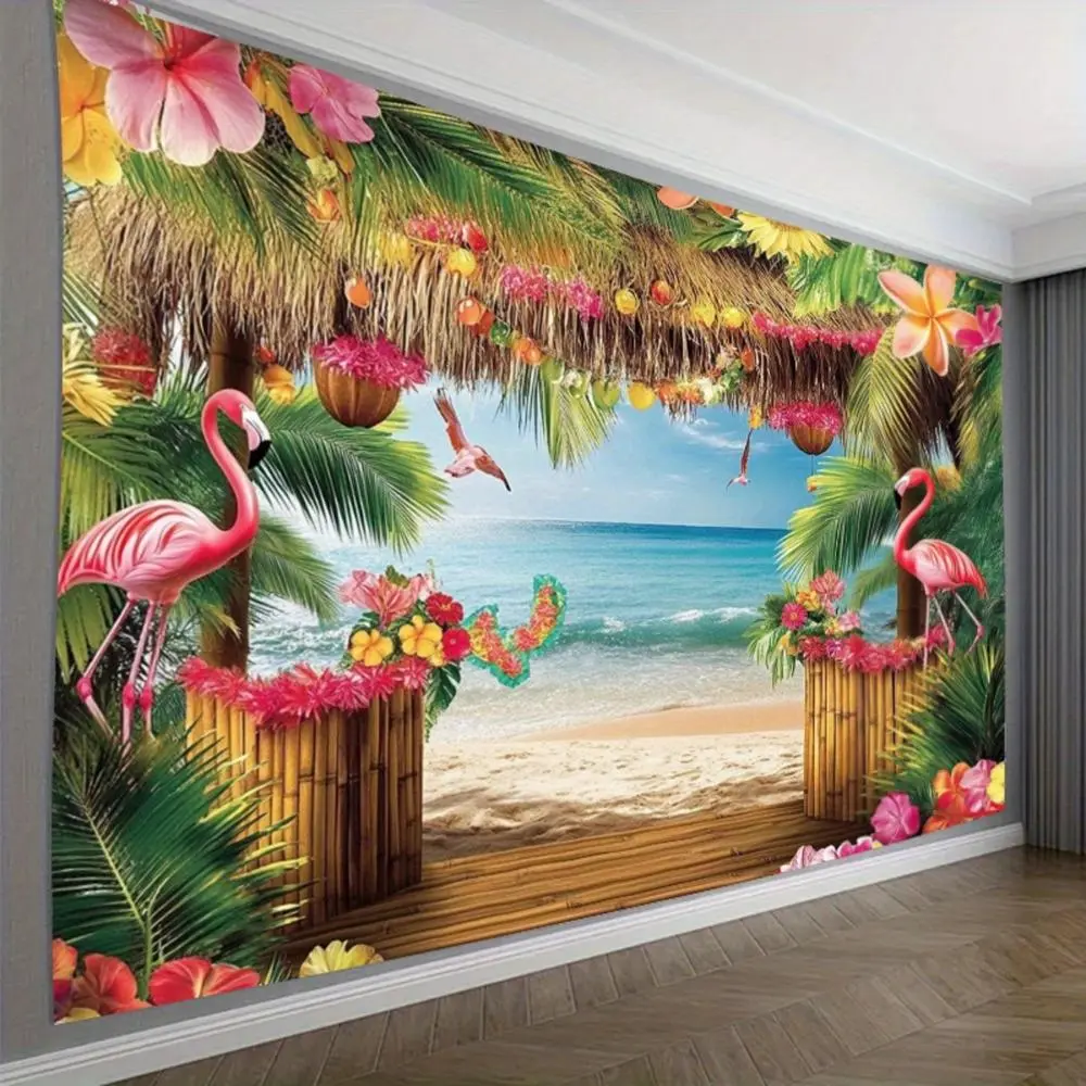 1pc Super Large Hawaii Beach Polyester Backdrop Banner - Durable Textile, Vibrant Tropical Bird & Palm Tree Design, Ideal for Wedding Photo Booths, Indoor-Outdoor Decor Textile Soft Furnishing