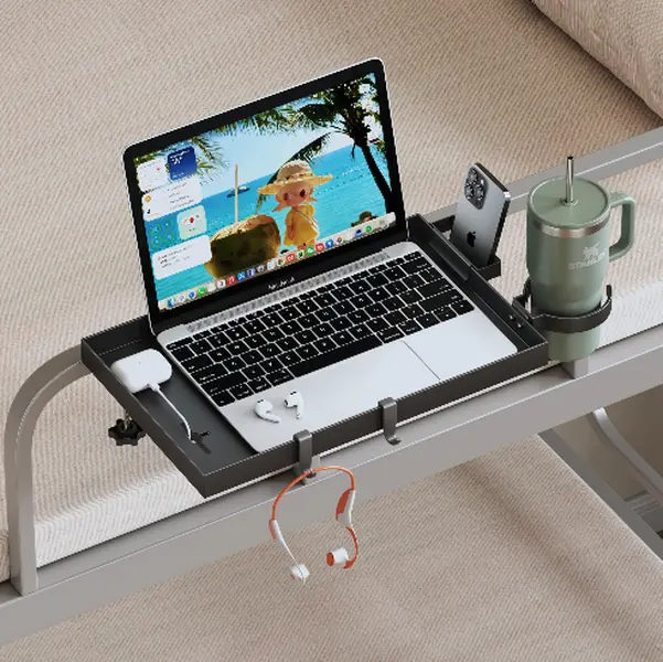 90° Foldable Clip-On Bedside Shelf Free-Drill Carbon Steel Bed Side Tray with Cup Holder & Cable Holes Dorm Bunk Bed  for College Students & Renters Prefect Gift for College Students Dorm Room Essentials dormessentials home space-saving storage