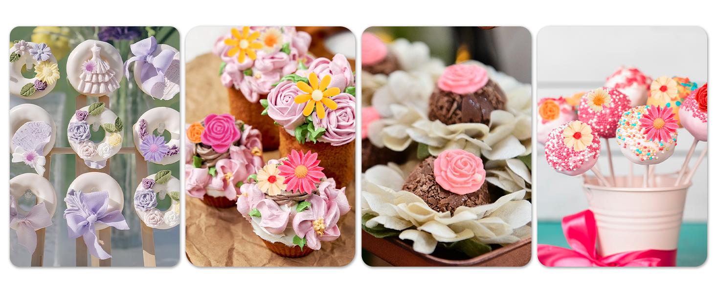 Flower Silicone Fondant Molds, 4 Pack | Daisy Rose Flower Chocolate Candy Molds, Non-Stick, for Cupcake Topper, Cake Pop Decoration