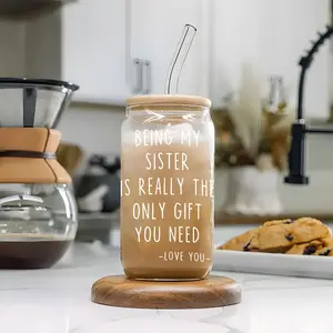 Trendy To My Sister Gratitude Quote 16oz Glass Can Cup with Lid and Straw, Reusable Glass Drinking Cup, High-Quality Glass Jar for Iced Coffee, Hot Chocolate, Heartwarming Sister Gift Glassware, Glass Tumbler