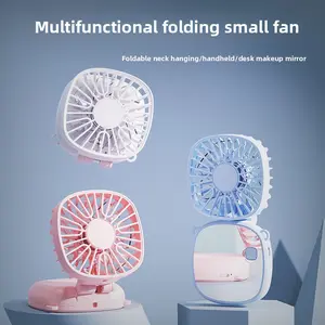 Makeup mirror with a multifunctional handheld fan, portable foldable neck-mounted fan, USB-powered makeup mirror fan, foldable desktop mini fan, summer cooling gift, travel-friendly accessory