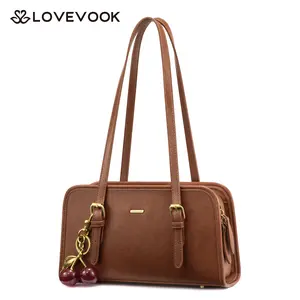 LOVEVOOK Swing Zip Shoulder Bag Small Purses for Women Trendy Handbags Mini Vintage Hobo Clutch with Cherry Pendant Lightweight Retro and Elegant Suitable for Daily Outings Shopping and Leisure summervibes