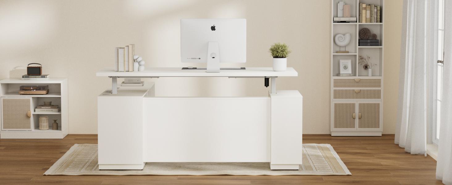 ModernMate 71" L-Shaped Executive Auto-Adjust Distraction-Free Multi-Drawer Computer Workstation Desk, White Rattan Drawers, Engineered Wood Top, Base File Cabinet, Built-In Ports, Privacy Panel, Easy Install for Home & Office, Auto-Adjust Computer Workst