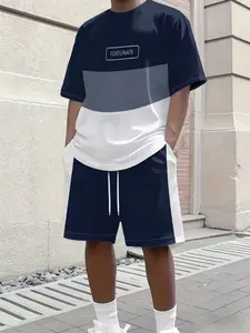 Men's Summer Set, 3D Letter Print T-Shirt and Shorts Outfit, Lightweight Polyester Fabric, Casual Short Sleeve, Fitted, Above Knee, All Seasons, Clothes