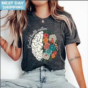 Mental Health Matters Floral Brain Tee, Unisex T-shirt for Men and Women, Casual Daily Wear, Promotes Mental Health Awareness	