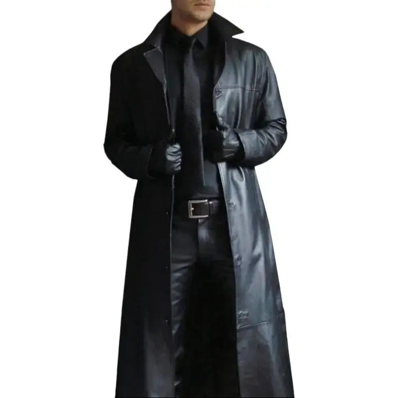 Men's Plain Long-Sleeve Leather Jacket, Menswear Trench-Style Slim-Fit Solid Color Retro Elegant Outerwear for Daily Casual Streetwear
