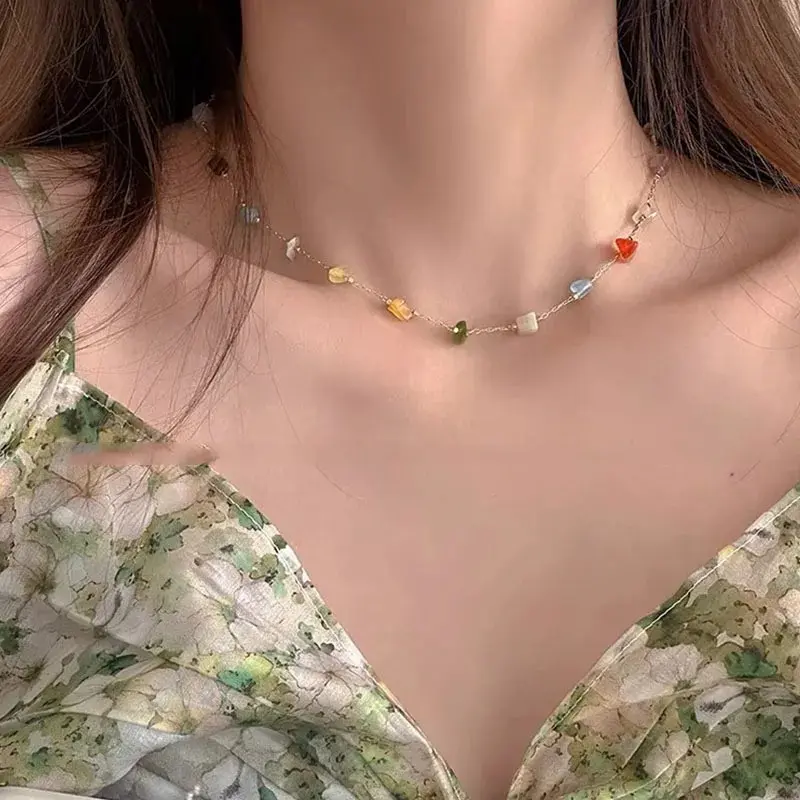 Trendy Cute Sweet Natural Stone Necklace for Women Summer Simple Crystal Clavicle Chain Choker Necklace New Jewelry Gift