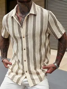 Men's Beige & Brown Striped Short-Sleeve Shirt - Texture Fabric, Relaxed Lapel Collar, Button-Down Design, Versatile for Summer Daily Casual, Café Hangouts, Weekend Errands & Layering Under Jackets