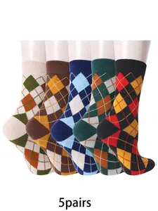 5 pairs fashionable diamond striped mid tube socks are warm, comfortable, and suitable for women's daily home wear in winter