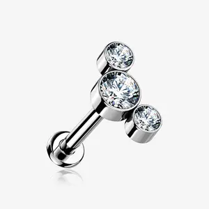 Implant Grade Titanium OneFit™ Threadless Journey Sparkle Trio Top Flat Back Stud Labret 16 GA 9.5mm for Cartilage Helix Tragus Lip Piercings