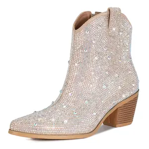 Women Rhinestone Cowboy Boots Glitter Chunky Heel Sparkly Cowgirl Ankle Boots The elegant and perfect women's shoe trend creates a classic style