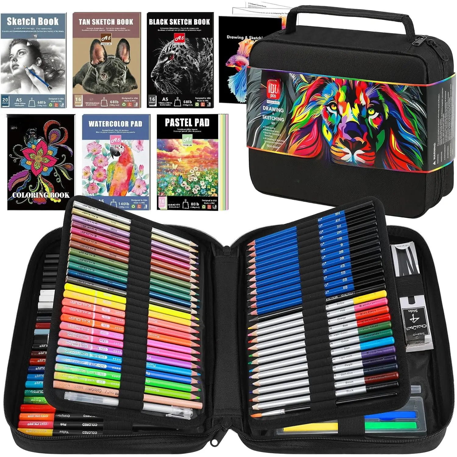 109 Drawing Set Sketching Kit, Pro Art Supplies with Fluorescent, Colored, Watercolor, Metallic, Graphite, Charcoal Pencils, 5 Sketchbook and Coloring Book,  for Artists Adults Teens Beginner