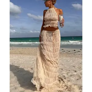 2 PCS Hanging Neck And Strapless Long Sleeveless Suit, Sexy Irregular Hem Flowing Skirt, Suitable For Parties, Dinners, BeachesXYBX