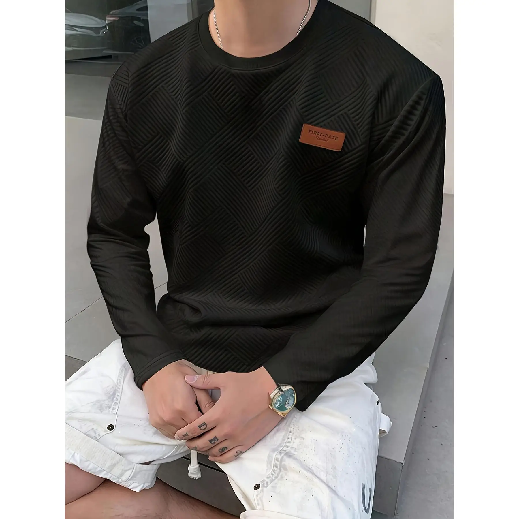Men's Fashion Casual Sweatshirt - Soft Polyester Fiber, Round Neck, Long Sleeve, Gradual Layer with Serrated Pattern Patch |   Machine Washable, Ideal for Spring and Autumn Longsleeves Round Neck Breathable Compression Sweatshirt