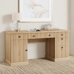 Garvee Fluted Home Office Desk Storage, 60 in Modern Executive Desk with Charging Station, Wooden Computer Writing Desk with File Cabinet & Drawers for Study, Living Room, Bedroom-Burlywood