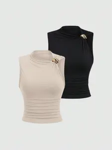 Elegant Women's Sleeveless Vest Top Set, High-Quality Metal Buckle Design, Slimming Waistline, Versatile Plain Solid Color, Perfect Fit, Basic