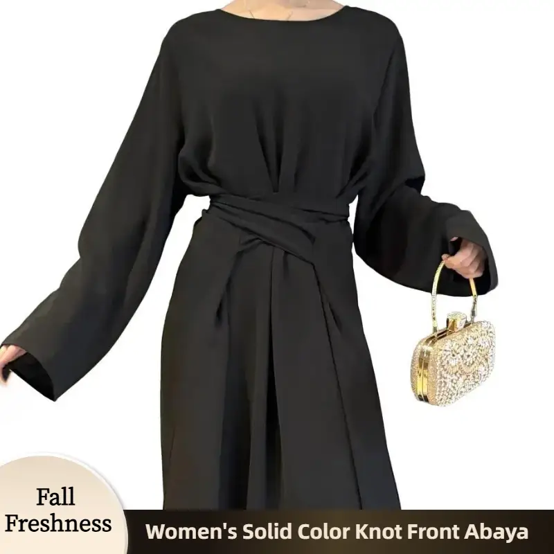 【FallFreshness】CL58 Women's Solid Color Knot Front Abaya, Modest Round NeckLong Dress for Daily Wear, casual abaya Modesty Robe Maxi【Fashionweek】