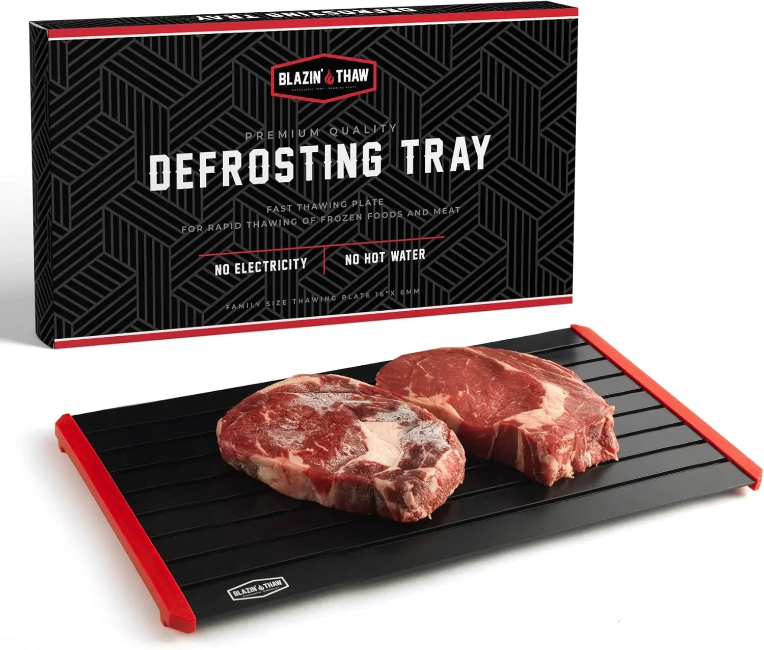 BLAZIN' THAW Defrosting Tray for Frozen Meat | 16" Family-Size | Aluminium Plate for Thawing Frozen Food | Natural Thawing Process | No Microwaves, No Cold/Warm Water Required |
