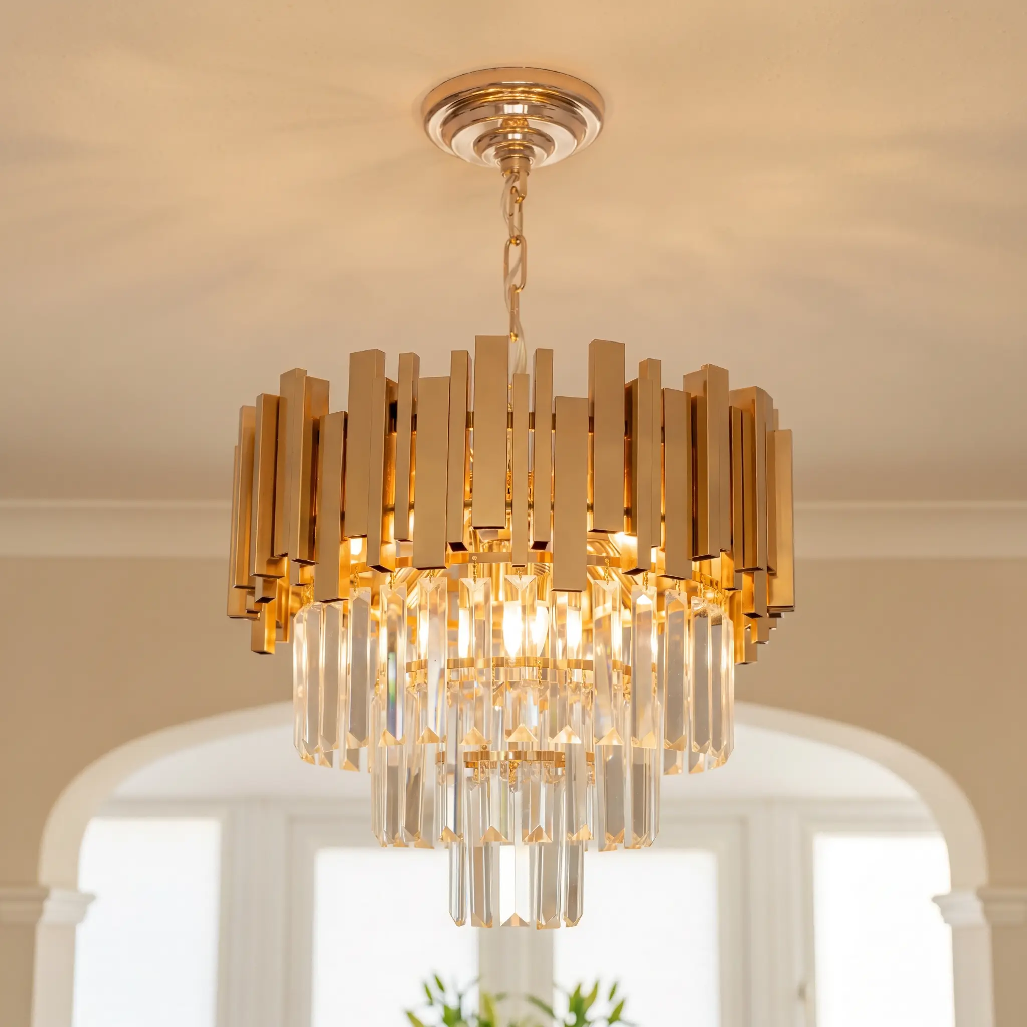 Modern Gold Crystal Chandelier, 3-Tier Raindrop Effect 15.7-Inch Adjustable Round Pendant Light, E12 Base Fixture for Dining Room Living Room Bedroom, Luxury Home Decor, Bulbs Not Included