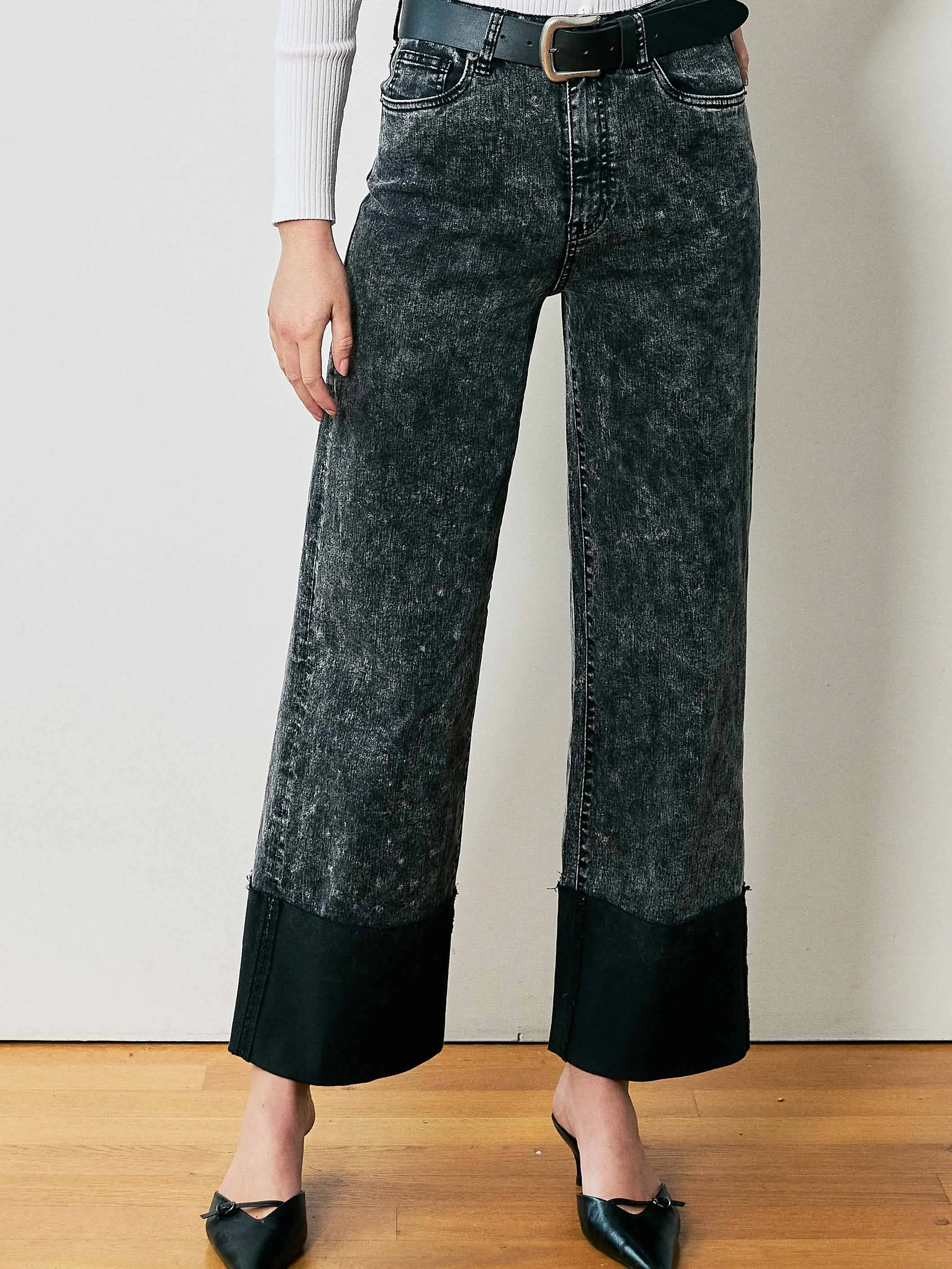 [P6302] High-Rise Stone Wash Cuff Fold Wide Leg Jeans