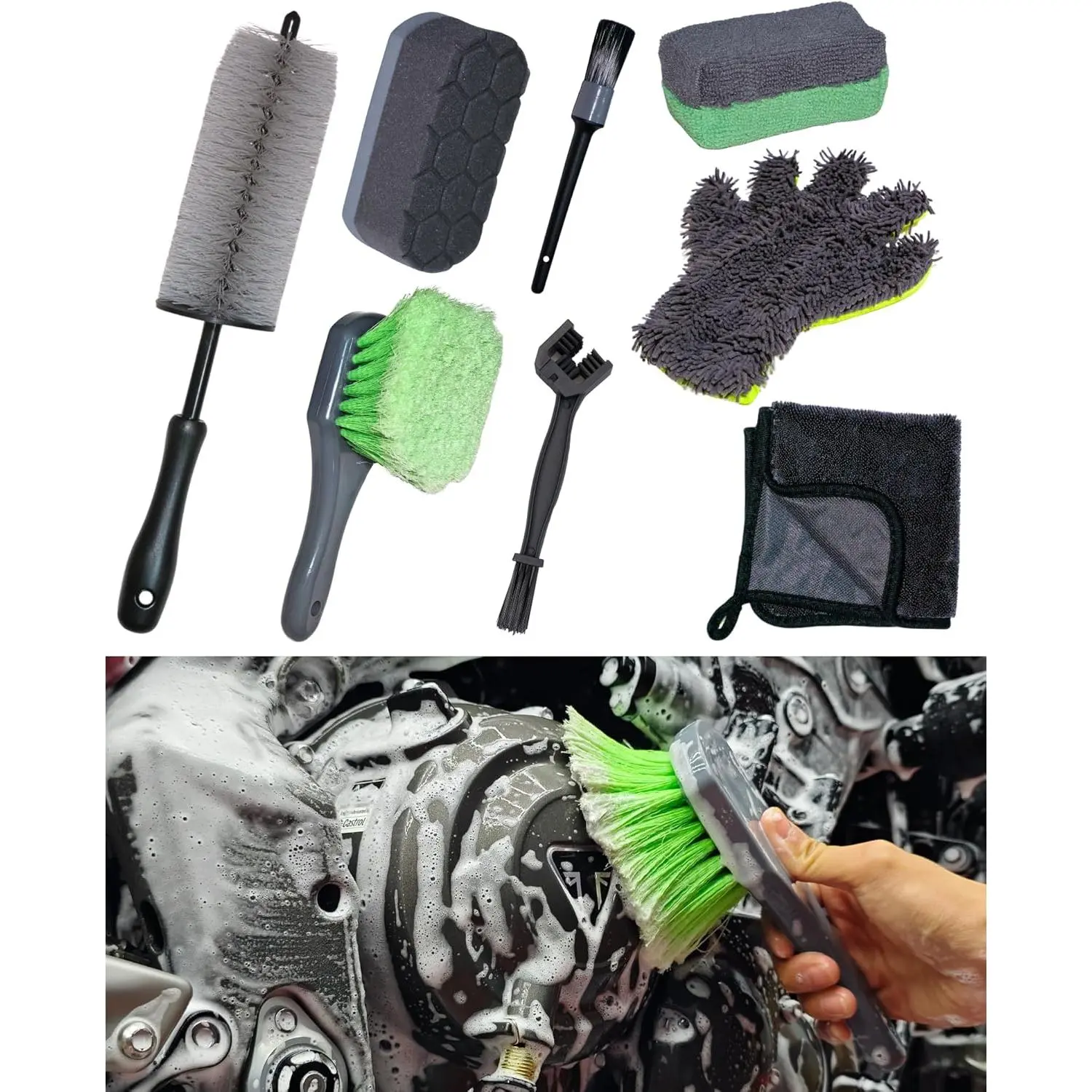 8 Pack Professional Motorcycle Cleaning Kit - Safe for Chrome, Engine, Tires, Includes Hard Reach Brush, Microfiber Mitt, Detailing Tools, Drying Towel, Wax Applicators