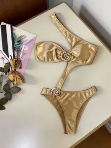 Metallic Embellished Stretch Satin Fabric Cutout One-Piece Swimsuit Women's Sexy One-Shoulder Bikini with Elegant Detail