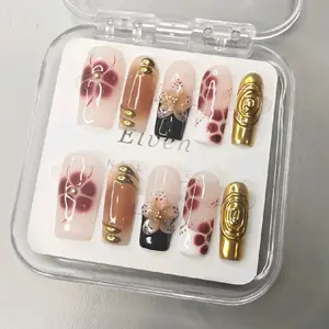 Floral Pink, Brown & Gold French Tips Long Square Handmade Press On Nails