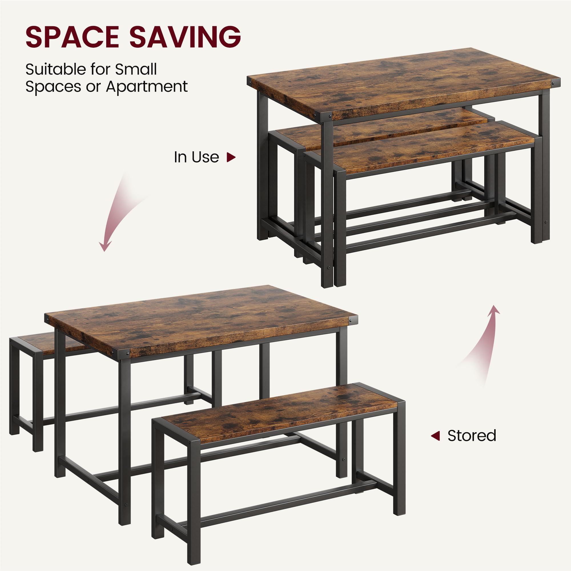 Farmhouse Kitchen Table Set for 4, Rectangular Table & 2 Benches, Apartment