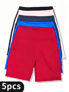5-Pack Women's High-Waisted Workout Shorts – Tummy Control, Breathable & Quick-Dry with Pockets for Running, Cycling & Fitness,Women's outdoor sports shorts, sportswear, elastic fabric, quick-drying and opaque