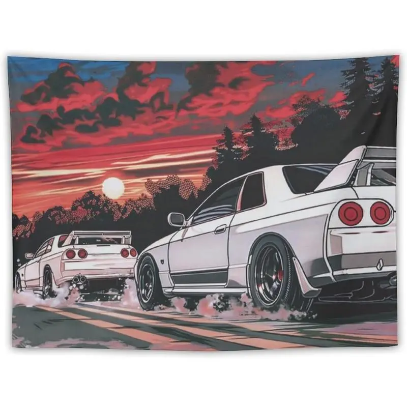 Funny Car Flag Tapestry for Bedroom R32 Japanese Retrowave Anime Jdm Racing Car Wall Tapestry Cool Flags Room Decor Large Wall Art Tapestries for Bedroom Living Room