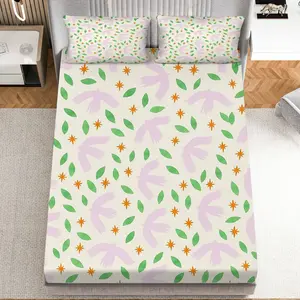 3Pcs Bird Leaf Star Fitted Sheet Three Piece Set (1*Fitted Sheet+2*Pillowcases, Coreless), Spring theme, Patterned Bedding Set, Mattress protector Soft, Breathable