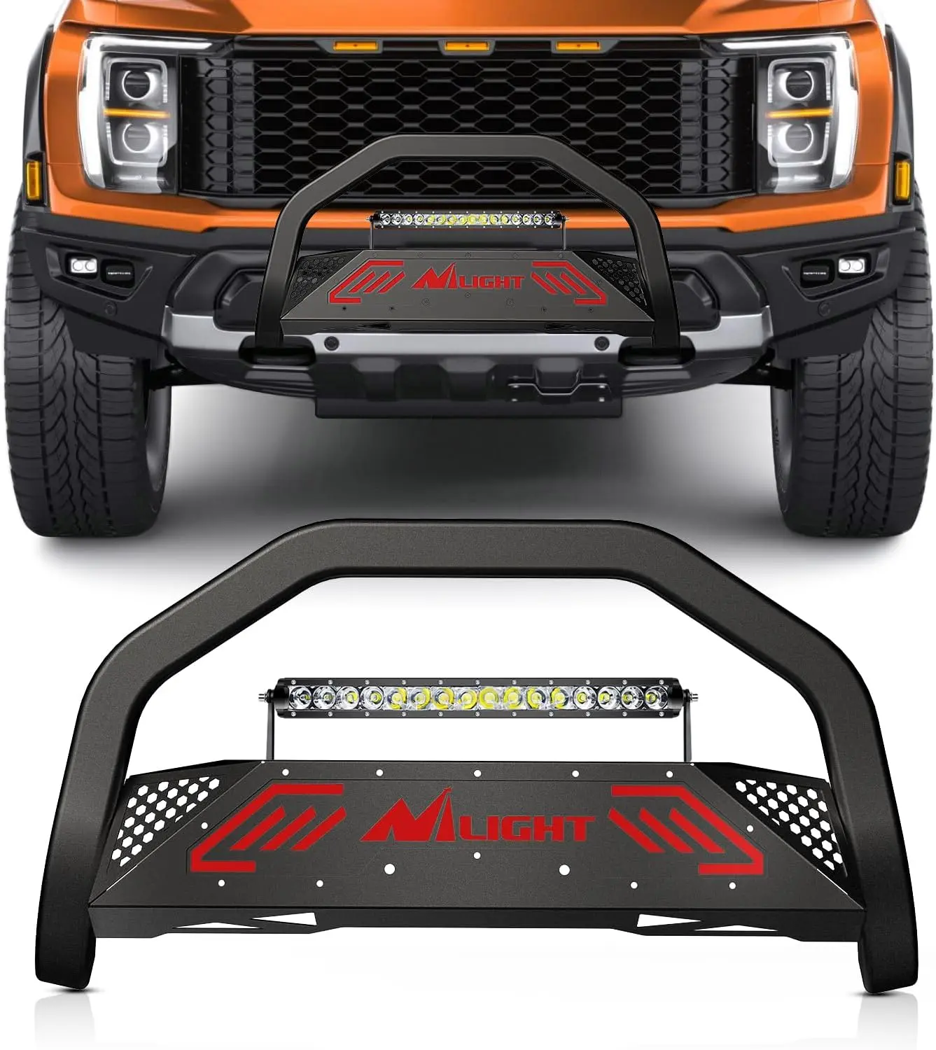 Nilight Bull Bar with Light Bar&License Plate Hole Compatible for Ford F-150 F150 2004-2023 Truck Brush Guard, Front Bumper Push Bar w/Grille Skid Plate Light Mount, Led Light Bar
