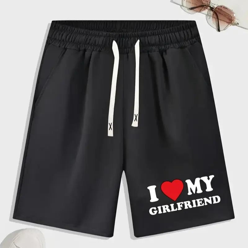 Men's "I Love My Girlfriend" Print Drawstring Shorts with Pocket, Summer Clothes, Regular Fit Casual Elastic Waist Pocket Straight Leg Shorts for Summer, Men's Bottoms for Daily Wear