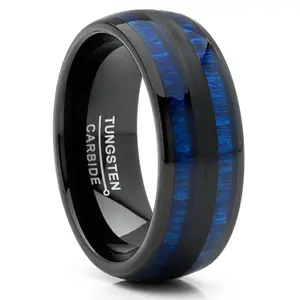 Men's Tungsten Carbide Ring Dome Real Blue Wood Inlay Wedding Band 8MM
