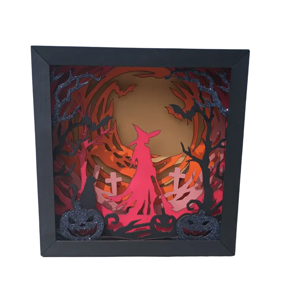 Wooden Light-Up Halloween Shadow Box – Witch & Pumpkin Theme