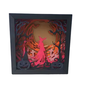 Wooden Light-Up Halloween Shadow Box – Witch & Pumpkin Theme