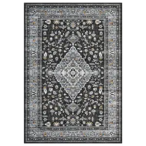 Vintage 9x12 ft Large Polyester Black Rectangular Area Rug with Floral Pattern, Machine Washable for Living Room, Bedroom