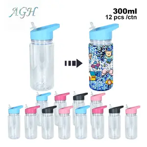 AGH 12pcs 60pcs 300ml 10oz acrylic snow globe cup double wall plastic kids water bottle with colorful handle lid (mixed 4 color)  Reusable
