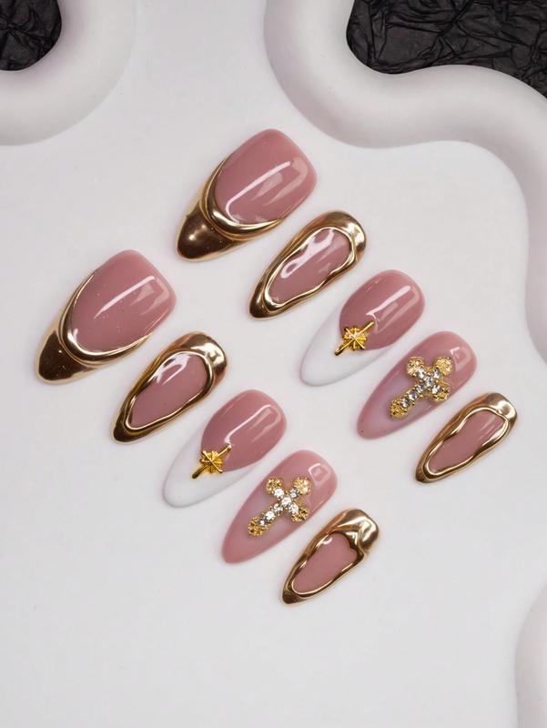 10pcs Handmade Almond Press-On Nails – Y2K Chic Nude, White & Gold Tips with Cross, Star & Metallic Accents, 3 Sizes, DIY Nail Set for Women & Girls, Parties, Weddings & Daily Wear