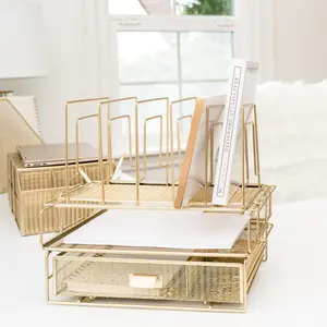 BLU MONACO Desk Organizer With File Sorters, Drawer, and Stackable Tray - Gold - 14.25" x 9.8" x 13.2",