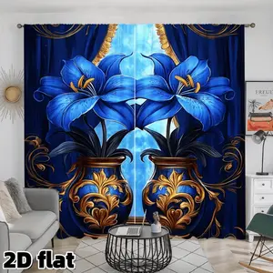2D Flat 2Pcs Elegant Blue Lily Floral Print Curtains Royal Navy Gold Vase Pattern Rod Pocket Design Semi Sunshade Polyester Living Room Bedroom Kitchen Window Treatment Panels Home Decoration Curtain Home Decor Privacy Protection