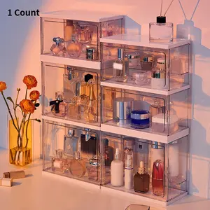 Stackable Perfume Storage Box, 1 Count Large Capacity Dustproof Acrylic Display Cabinet, Vanity Makeup Organizer, Cosmetic Desktop Dustproof Storage Box for Home Bathroom Hotel Salon, Multilayer Storage, Cosmetics Organizer Storage