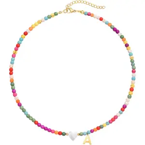 *ND6 Initial Necklaces for Women Colorful Beaded Choker Necklace Stainless Steel 18K Gold Plated Y2K Aesthetic Gold Letter Necklace Handmade Boho Summer Necklace Jewelry Gift
