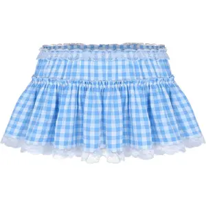 Unisex Women Ruffle Lace Pleated Gingham A-Line Mini Skirt Sissy Skirt for Crossdressing Men