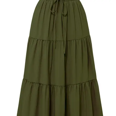 Pure Color Ruffle Tiered Hem Drawstring Design Casual Midi Skirt for Women, Elastic Waist Loose-Fitting, All Seasons Fashion