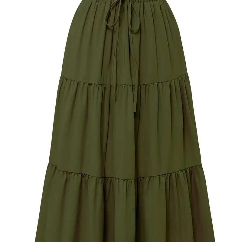 Pure Color Ruffle Tiered Hem Drawstring Design Casual Midi Skirt for Women, Elastic Waist Loose-Fitting, All Seasons Fashion