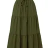 Pure Color Ruffle Tiered Hem Drawstring Design Casual Midi Skirt for Women, Elastic Waist Loose-Fitting, All Seasons Fashion